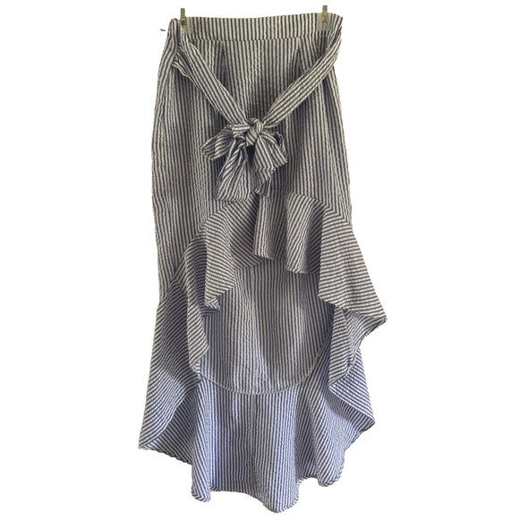Venus Hi Low Ruffle Hem Skirt Size M Blue White Seersucker Maxi Tie Cottage Boho - Picture 1 of 10
